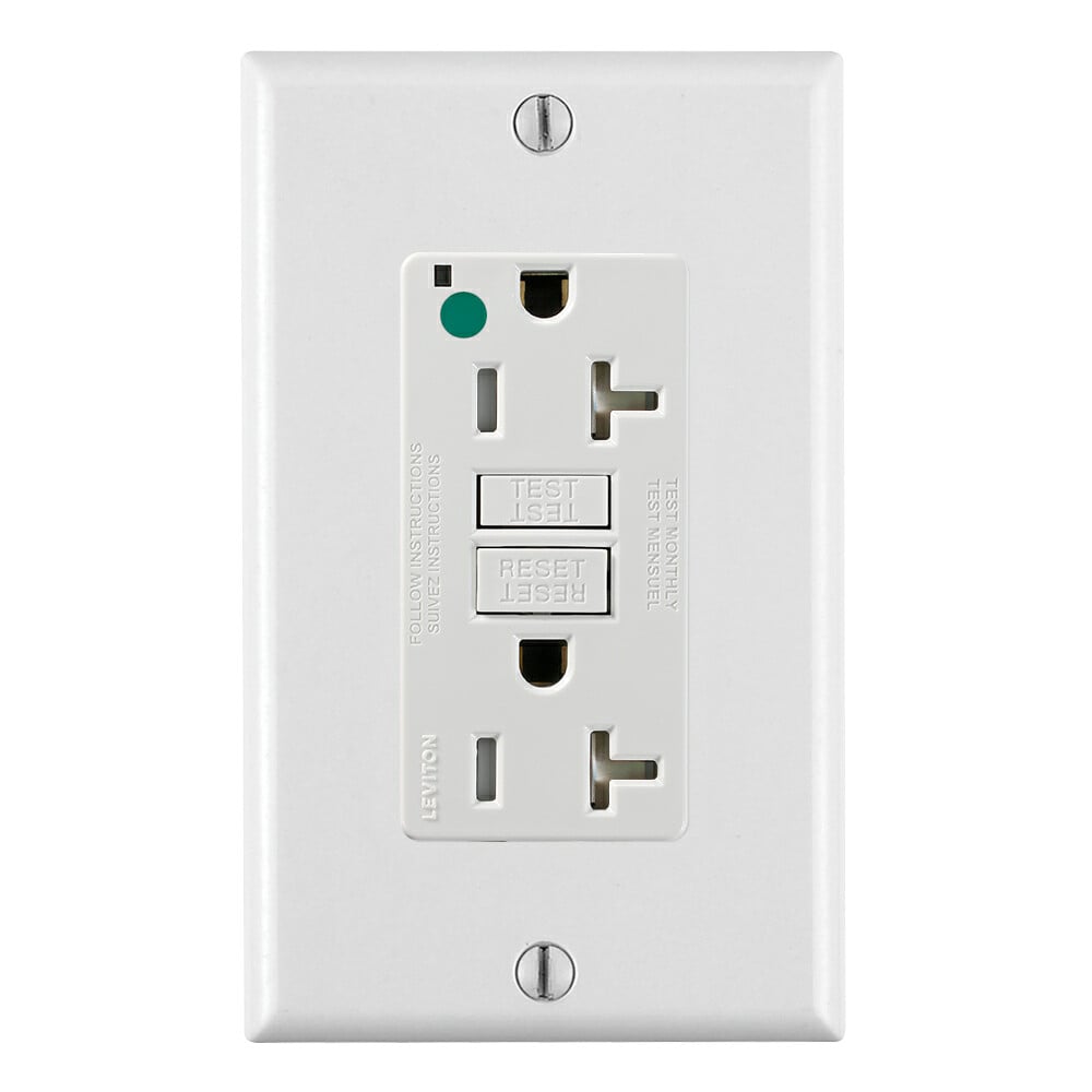 GFTR2-HFW Duplex Self-Test Tamper Resistant GFCI Receptacle With LED Indicator Light, White Test, Reset Button, 120 V AC, 20 A, 2 Poles, 3 Wires, White