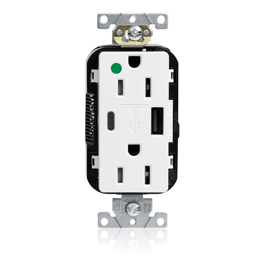 M56AC-HGW Lev-Lok Combination Duplex Heavy Duty Self-Grounding Smooth Face Tamper-Resistant USB Receptacle, 125 V AC, 15 A, 25 W, 1/2 hp, 2 Poles, 3 Wires, White