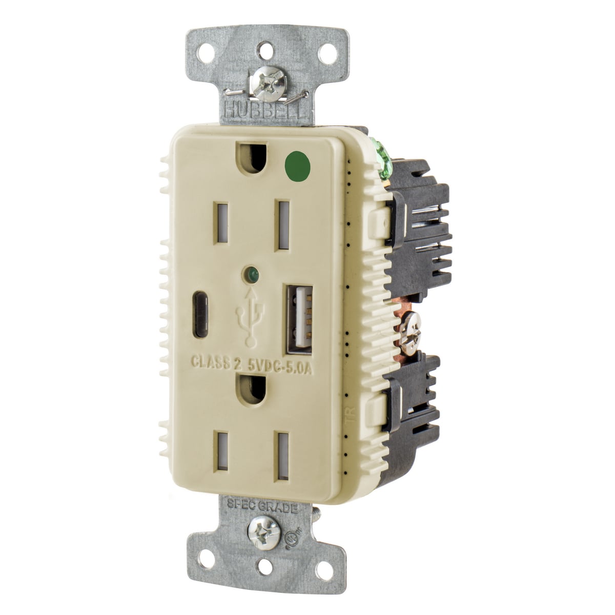 USB8200AC5I Duplex Grounding Tamper-Resistant Standard USB Charger Receptacle With Green LED, 125 V AC, 15 A, 1/2 hp, 2500 W, 1 Phase, 2 Poles, 3 Wires, Ivory