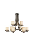 The Hendrik(TM) 25.75in; 9 light chandelier features a classic look with its Olde Bronze finish and light umber etched glass. Inspired by Hendrik Berlage, the Hendrik Chandelier works in several aesthetic environments, including traditional and modern.