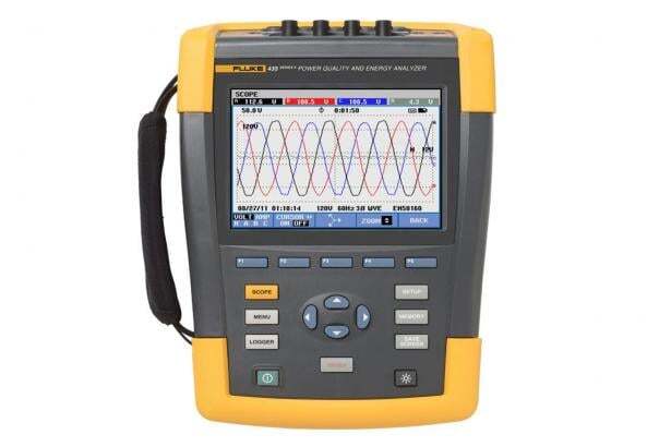 FLUKE-435-II 430 Series II Power Quality and Energy Analyzer, 1 to 1000 V AC/DC, 5 to 2000 A, 50/60 Hz, 2000 MW, 6000 W Power Rating, 10.5 Ohm