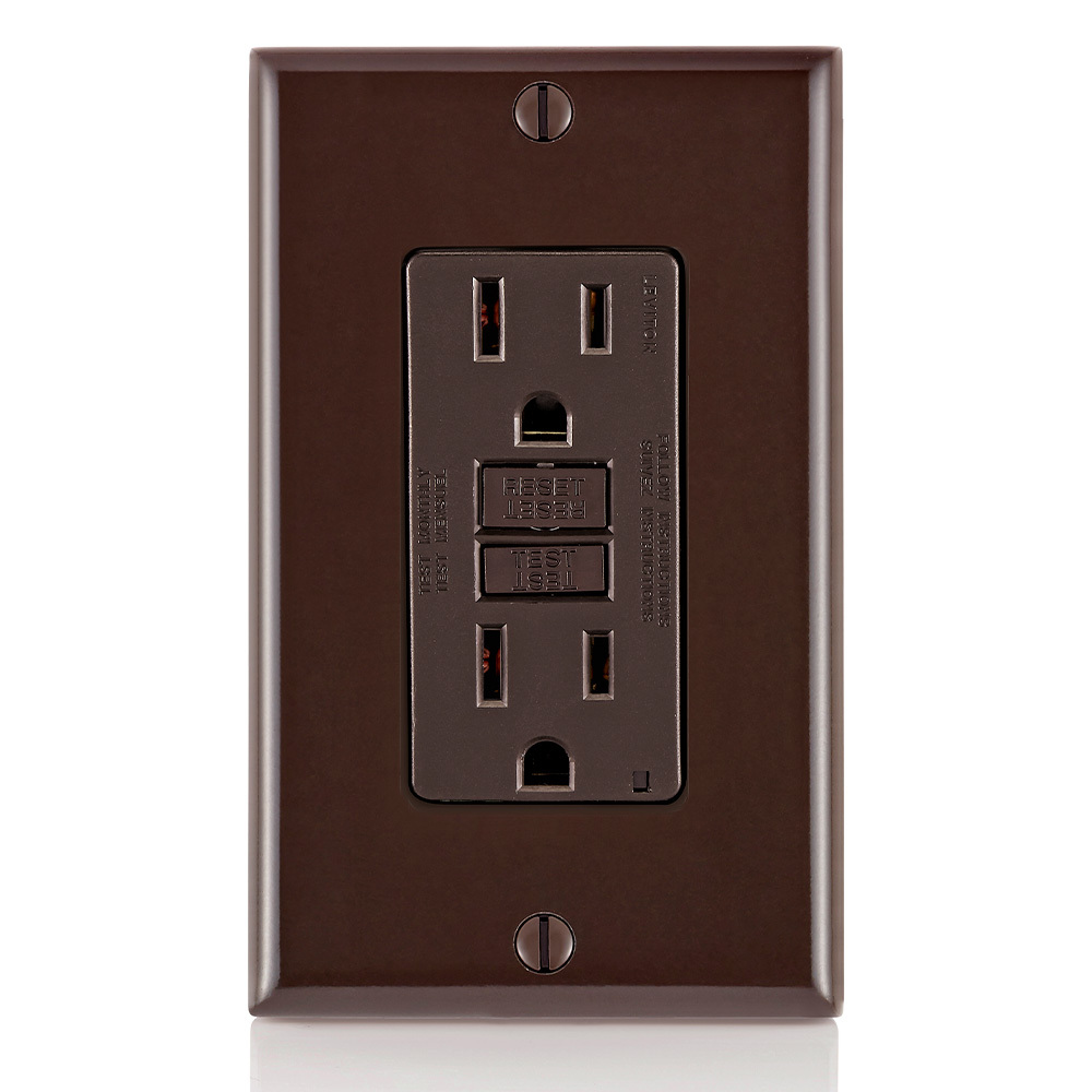 GFTR1 Duplex Feed Through Self-Test Slim Standard Tamper Resistant GFCI Receptacle With Brown Test, Reset Button, 125 V AC, 20 A, 2 Poles, 3 Wires, Brown