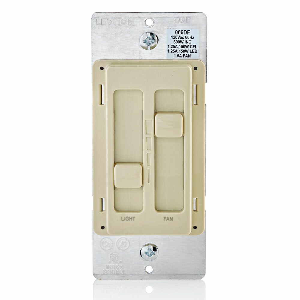 SureSlide Dual Quiet Fan and Light Control, 150W-120VAC Dimmable LED and CFL, 300W-120VAC Incandescent, 1.5A, Single Pole, Ivory