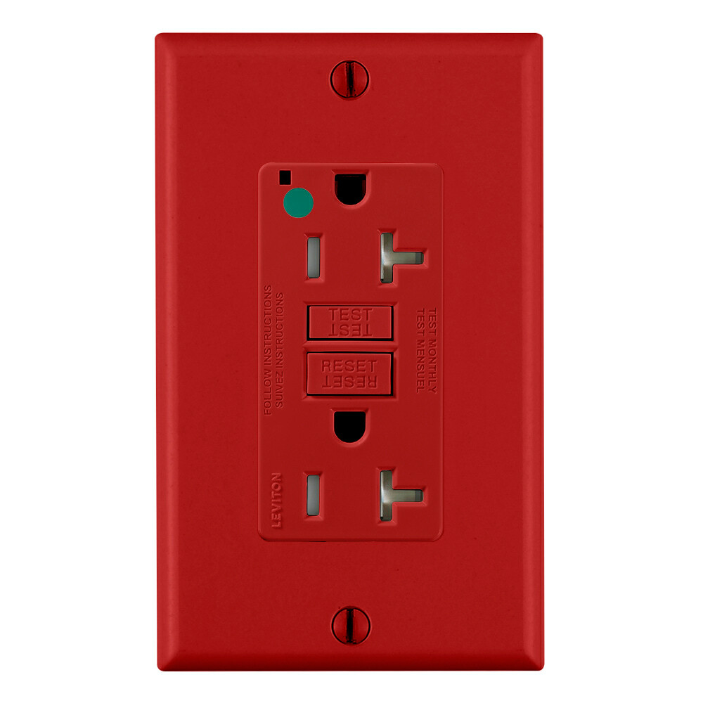 GFTR2-HFR SmartlockPro Slim Duplex Self-Test Tamper Resistant GFCI Receptacle With LED Indicator Light, 120 V AC, 20 A, 2 Poles, 3 Wires, Red