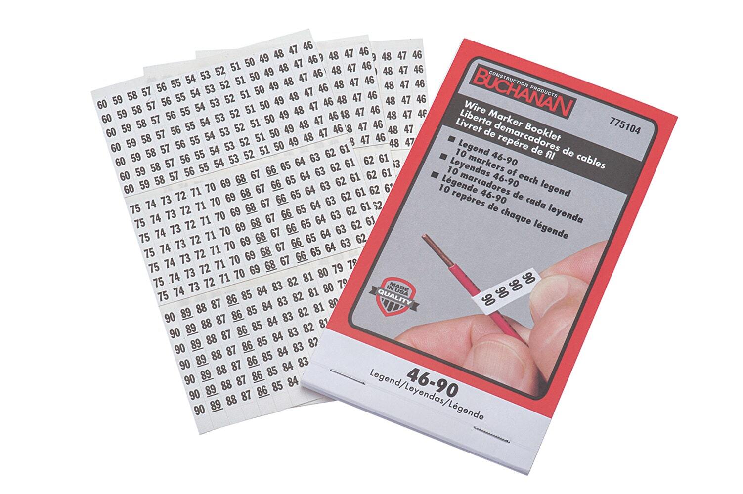 775104 Buchanan Pre-Printed Wire Marker Booklet, 1-1/2 in L x 1/4 in W, Black/White, Plastic Impregnated Cloth