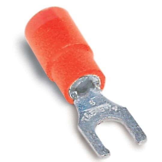 18RA-8FLX Sta-Kon RA Series Expanded Insulated Fork Terminal, 22 to 16 AWG Conductor, 0.97 in L, Brazed Seam/Serrated Barrel, Copper, Red