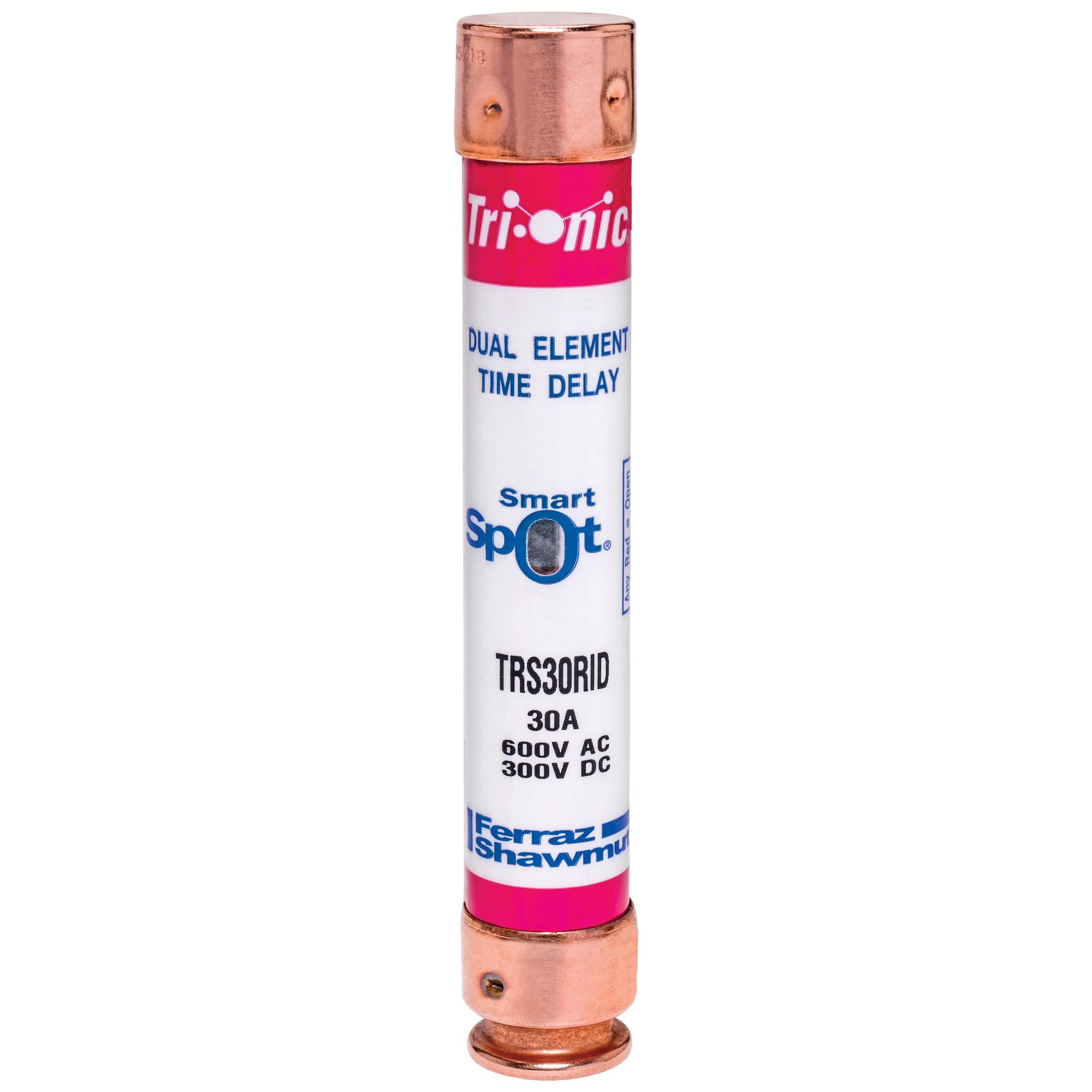 TRS30RID Tri-Onic Current Limiting Low Voltage Time Delay Fuse, 30 A, 600 V AC/300 V DC, 200/20 kA Interrupt, RK5 Class, Cylindrical Body