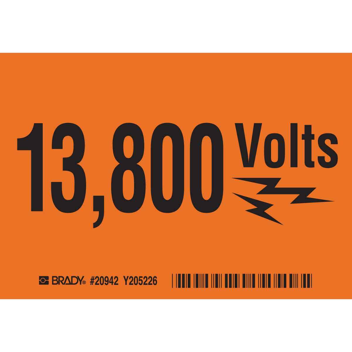 20942 High Performance Laminated Rectangular Self-Adhesive Safety Sign, 5 in W, 13,800 VOLTS Legend, Black Legend, Orange Background, B-302 Polyester