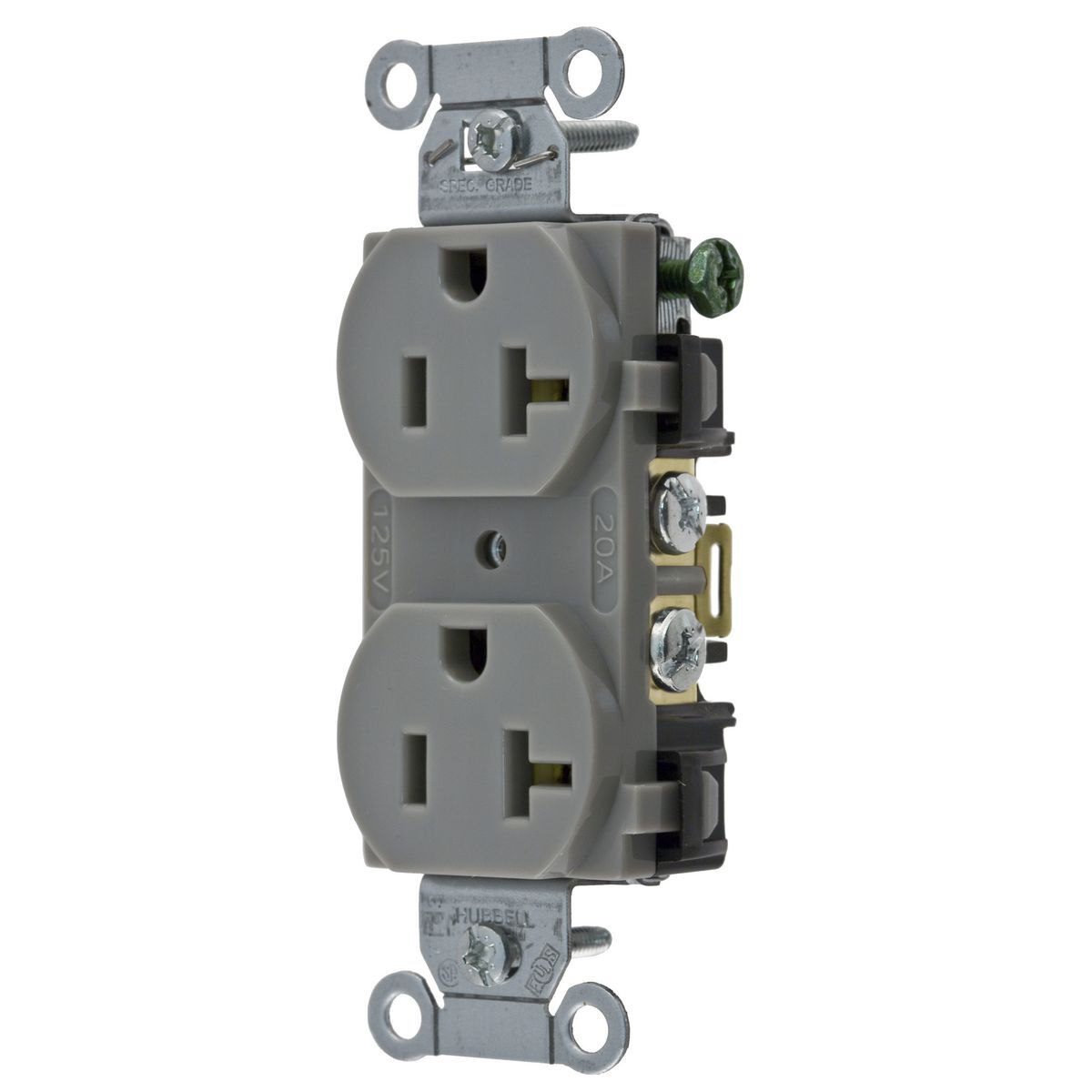 5352AG 1-Phase Duplex Heavy Duty Standard Screw Mount Straight Blade Receptacle, 125 V AC, 20 A, 2 Poles, 3 Wires, Gray