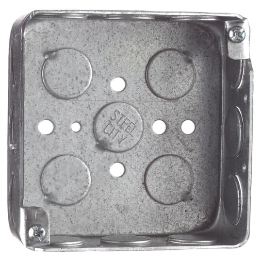 52151-1/2-CN Steel City Square Outlet Box, Steel, 21 cu-in Capacity, (1) Outlets, (15) Knockouts, 4 in H x 4 in W x 1-1/2 in D