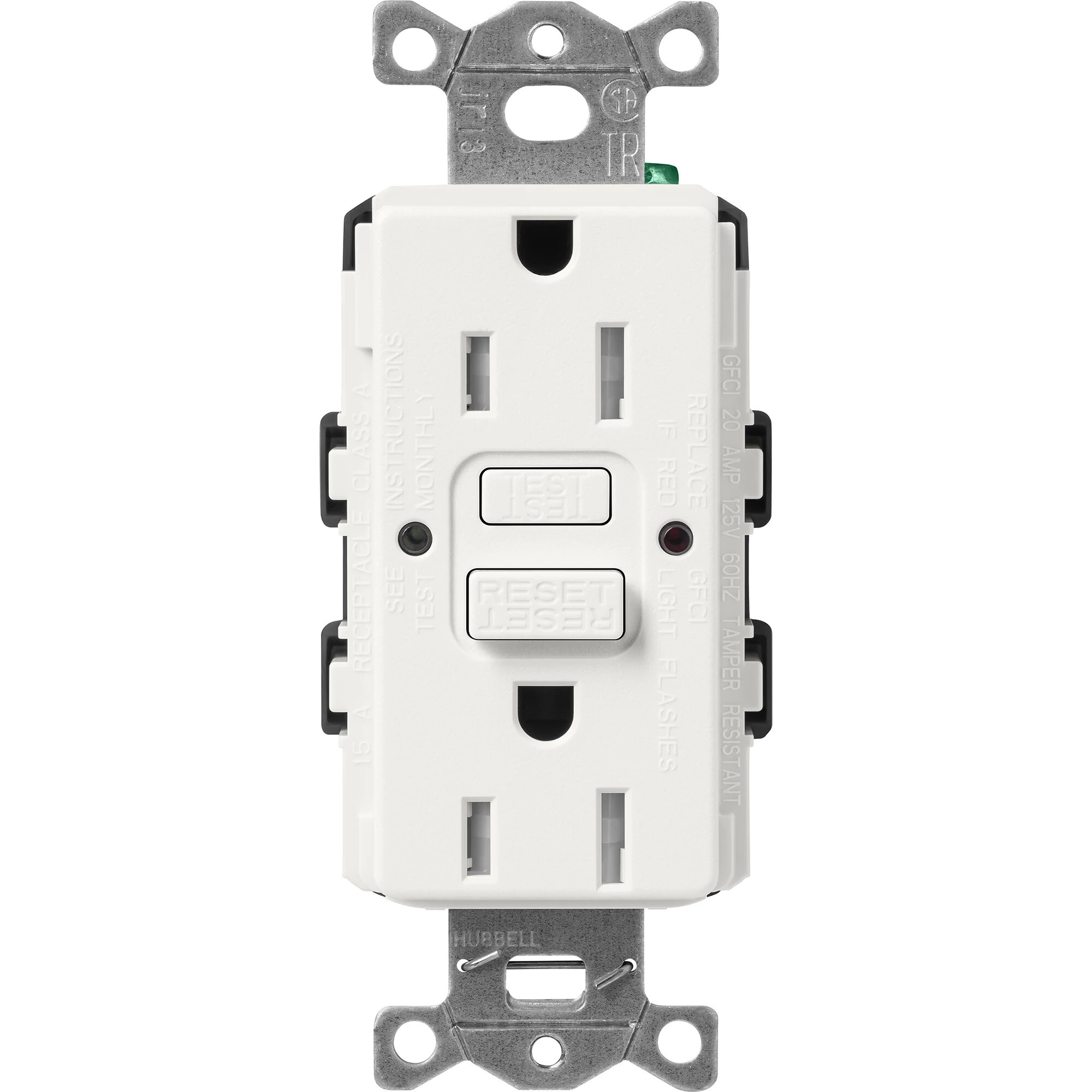 SCR-15-GFST-RW Claro Tamper-Resistant GFCI Duplex Receptacle, Decorator-Style Outlet, 15 Amp, Self-Testing, Satin, Architectural White