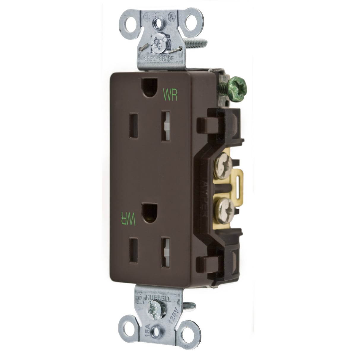 DR15WRTR 1-Phase Decorator Duplex Self-Grounding Standard Tamper/Weather Resistant Screw Mount Straight Blade Receptacle, 125 VAC, 15 A, 2 Poles, 3 Wires, Brown