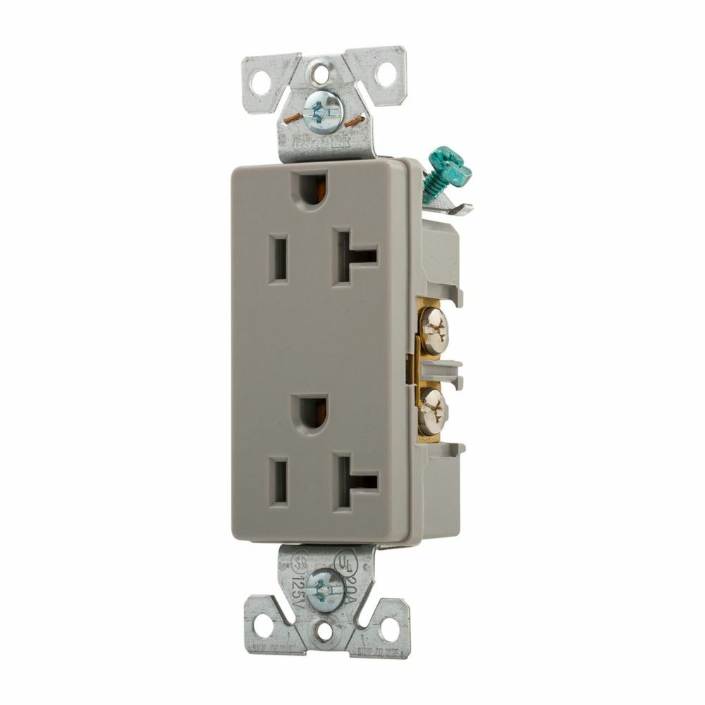 Eaton heavy-duty industrial specification grade decorator duplex receptacle, #14-10 AWG, 20A, Commercial, Flush, 125V, Back and side, Gray, Brass, Nylon, 5-20R, Duplex, Screw, Nylon, Bulk