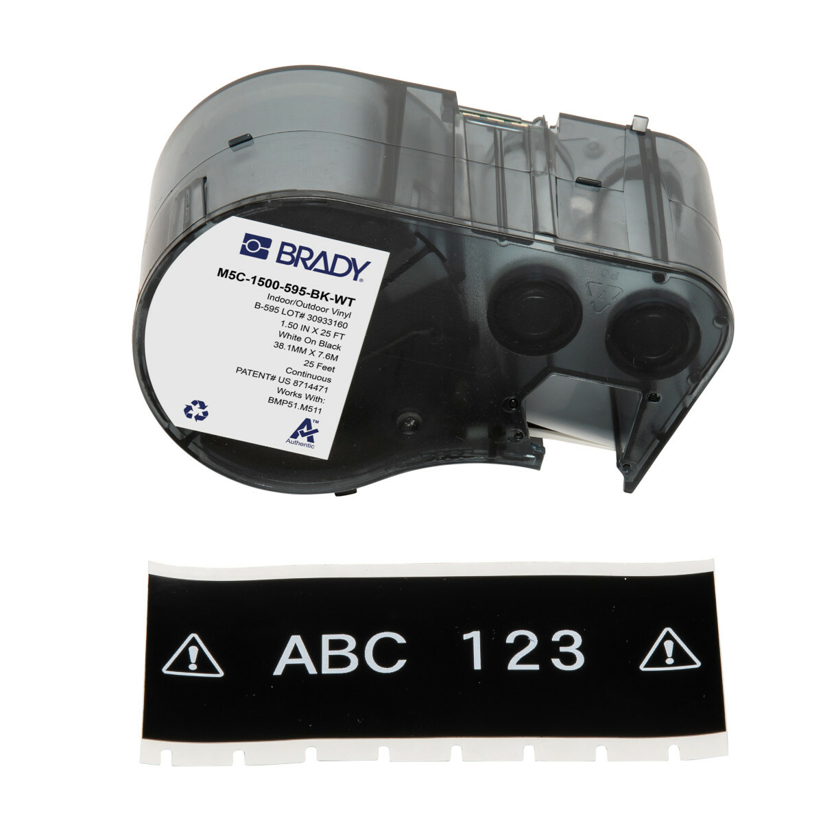 M5C-1500-595-BK-WT General Permanent Adhesive Label, 20 ft L x 1.5 in W, White on Black, B-595 Vinyl