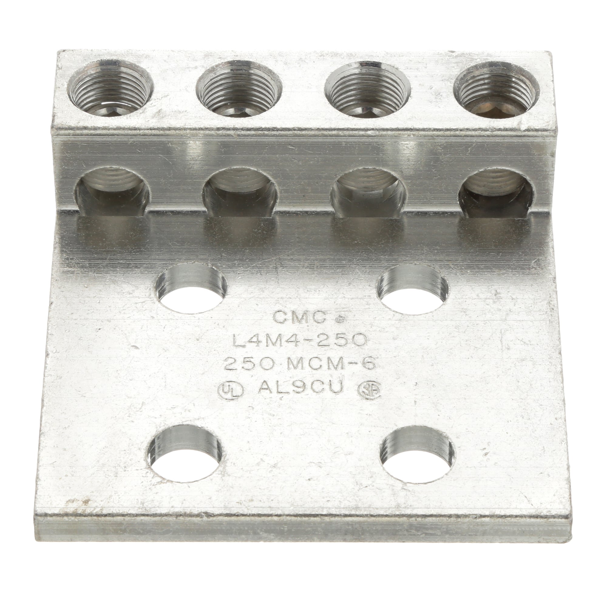 LAM4D250-12-1Y Pan-Lug 4-Barrel Mechanical Connector Lug, 6 AWG to 250 kcmil Aluminum/Copper/Stranded Conductor, 1/2 in Stud, 4 Bolt Holes, Aluminum