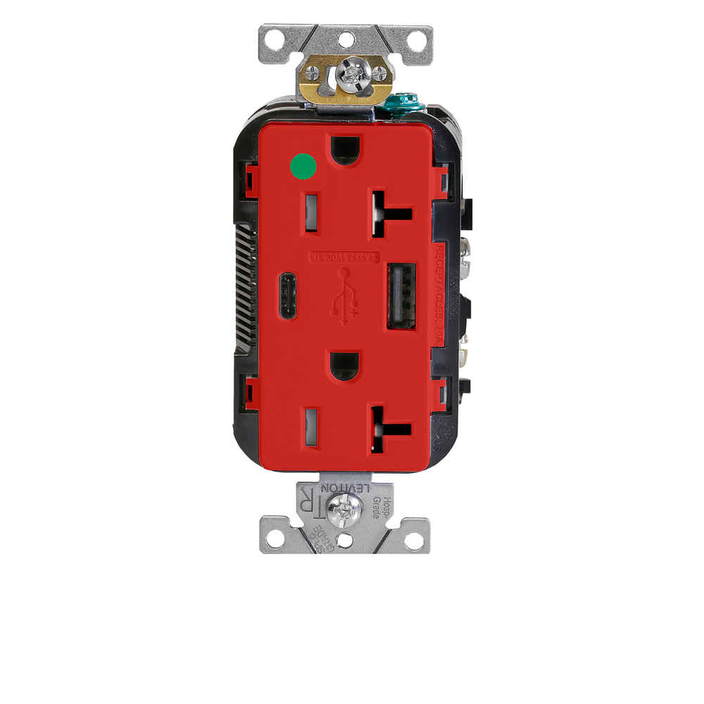 T5833-HGR Decora Plus Combination Heavy Duty Self-Grounding Smooth Face Tamper-Resistant Duplex Receptacle and USB Charger, 125 V AC, 20 A, 2 Poles, 3 Wires, Red
