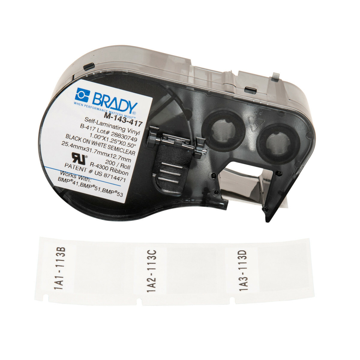 M-143-417 M Self-Laminating Vinyl Wire Wraps, 1.25 in L x 1 in W, Black on White/Clear, Self-laminating Vinyl