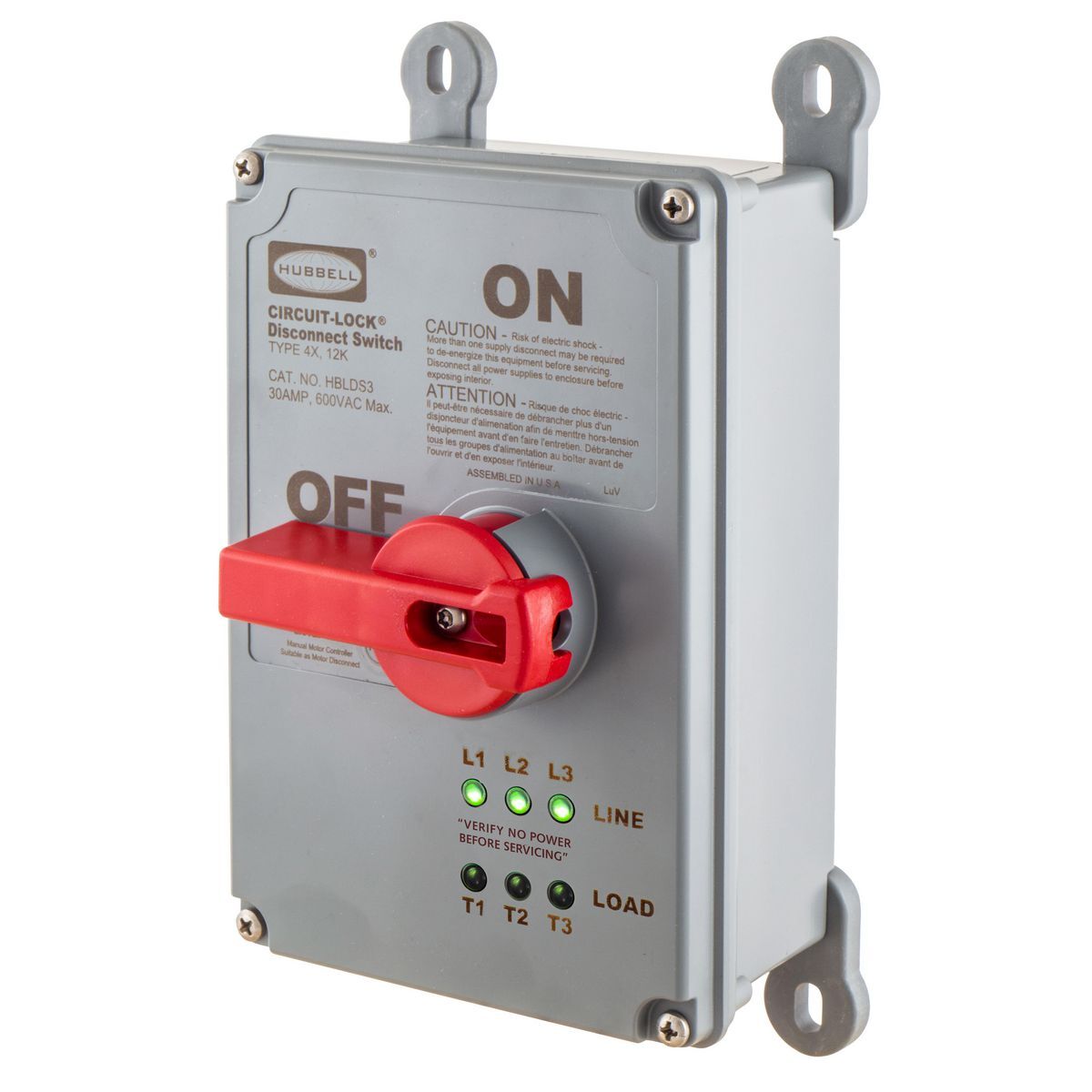 HBLDS10P 2-Position Unfused Disconnect Switch With LED Indicator Light, 600 V, 100 A, 50 hp, 2-Position Contact, 3 Poles