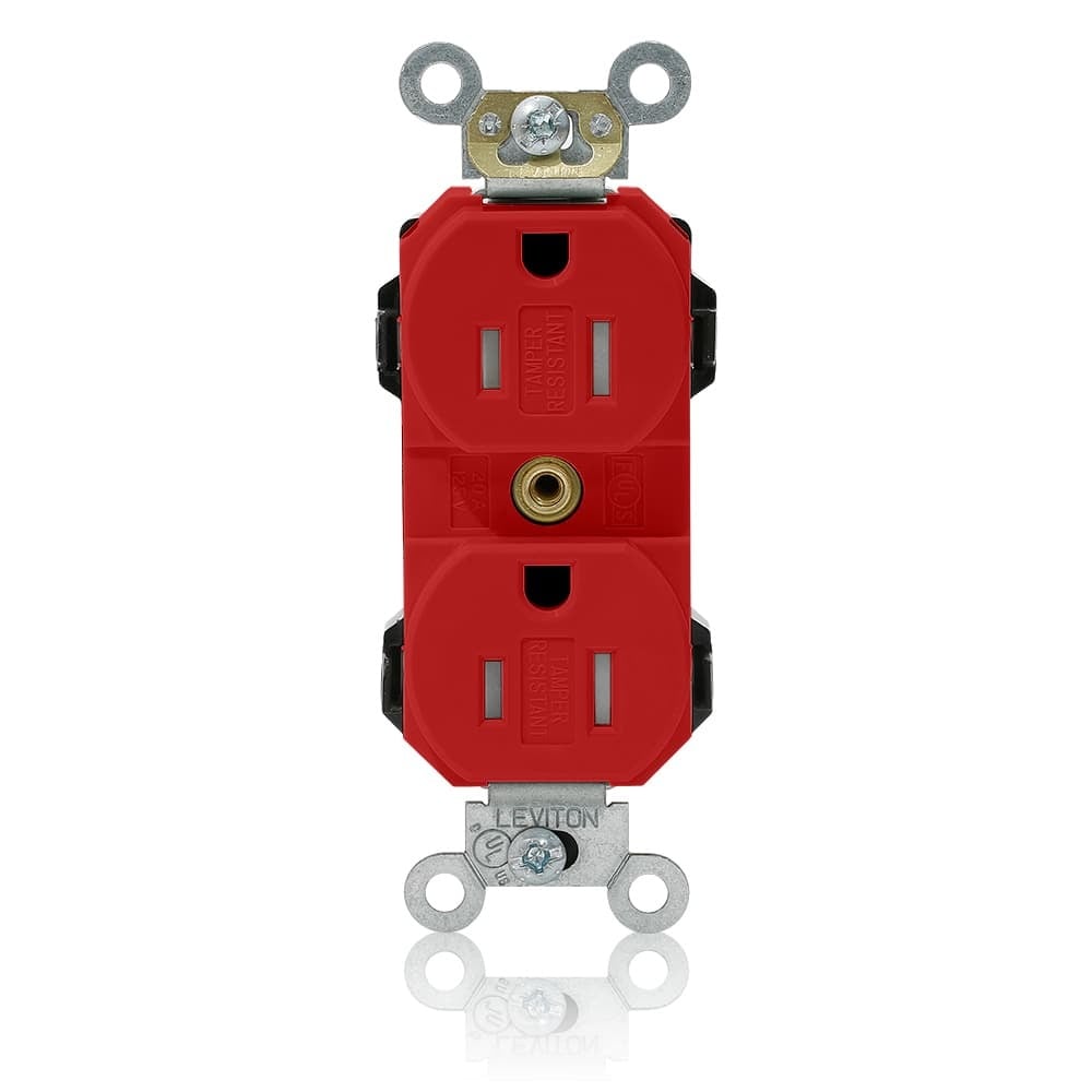 MT562-SR Lev-Lok Duplex Self-Grounding Tamper Resistant Straight Blade Receptacle, 125 V AC, 15 A, 2 Poles, 3 Wires, Red