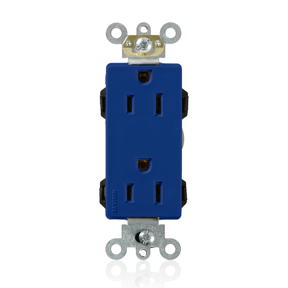 M1626-B Decora Plus Lev-Lok 1-Phase Duplex Heavy Duty Straight Blade Receptacle, 125 V AC, 15 A, 2 Poles, 3 Wires, Blue