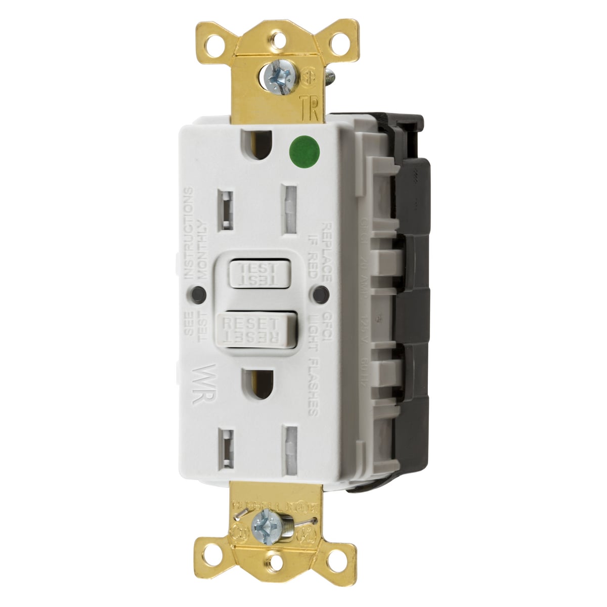 GFTWRST82SNAPW 1-Phase Decorator Duplex Heavy Duty Standard Straight Blade Self-Test Tamper/Weather Resistant Screw Mount GFCI Receptacle, 125 VAC, 15 A, 2 Poles, 3 Wires, White