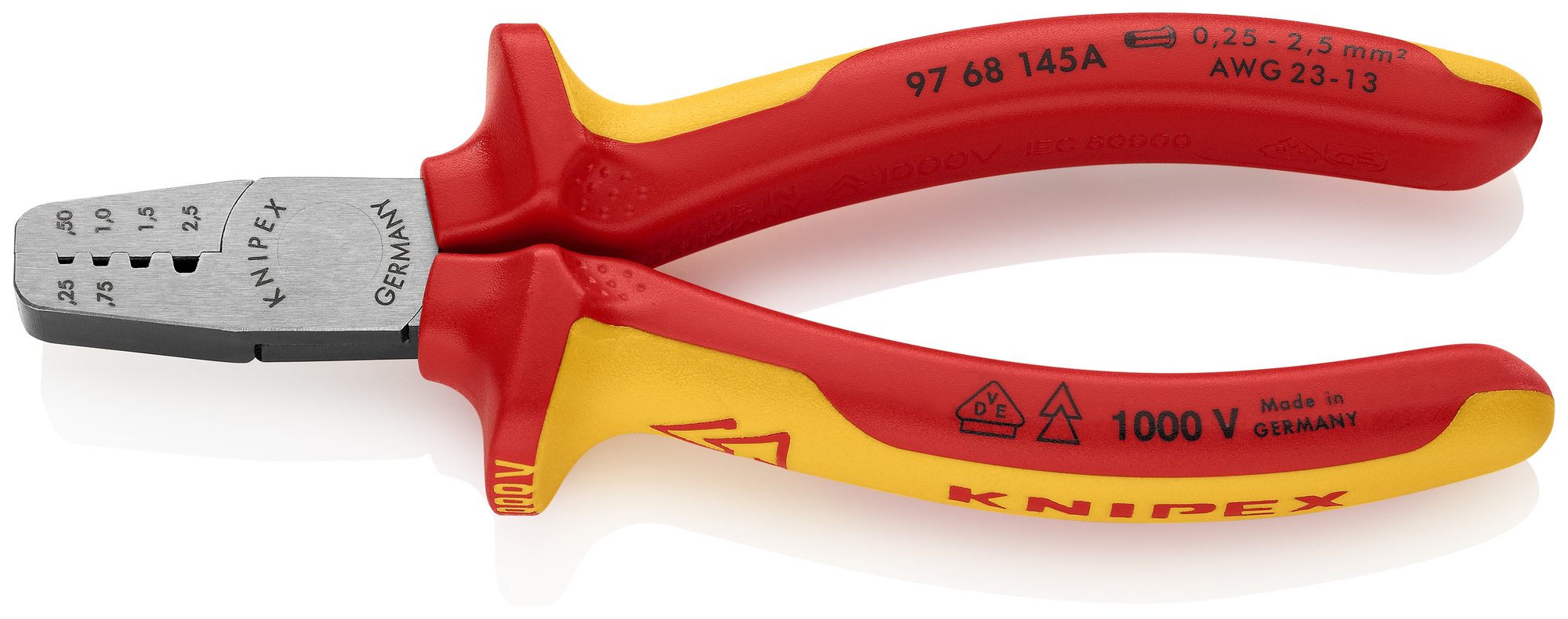 Crimping Pliers for Wire Ferrules-1000V Insulated, 5 3/4 in., Multi-Component, VDE, Trapezoid Crimp, 4 Crimp Positions