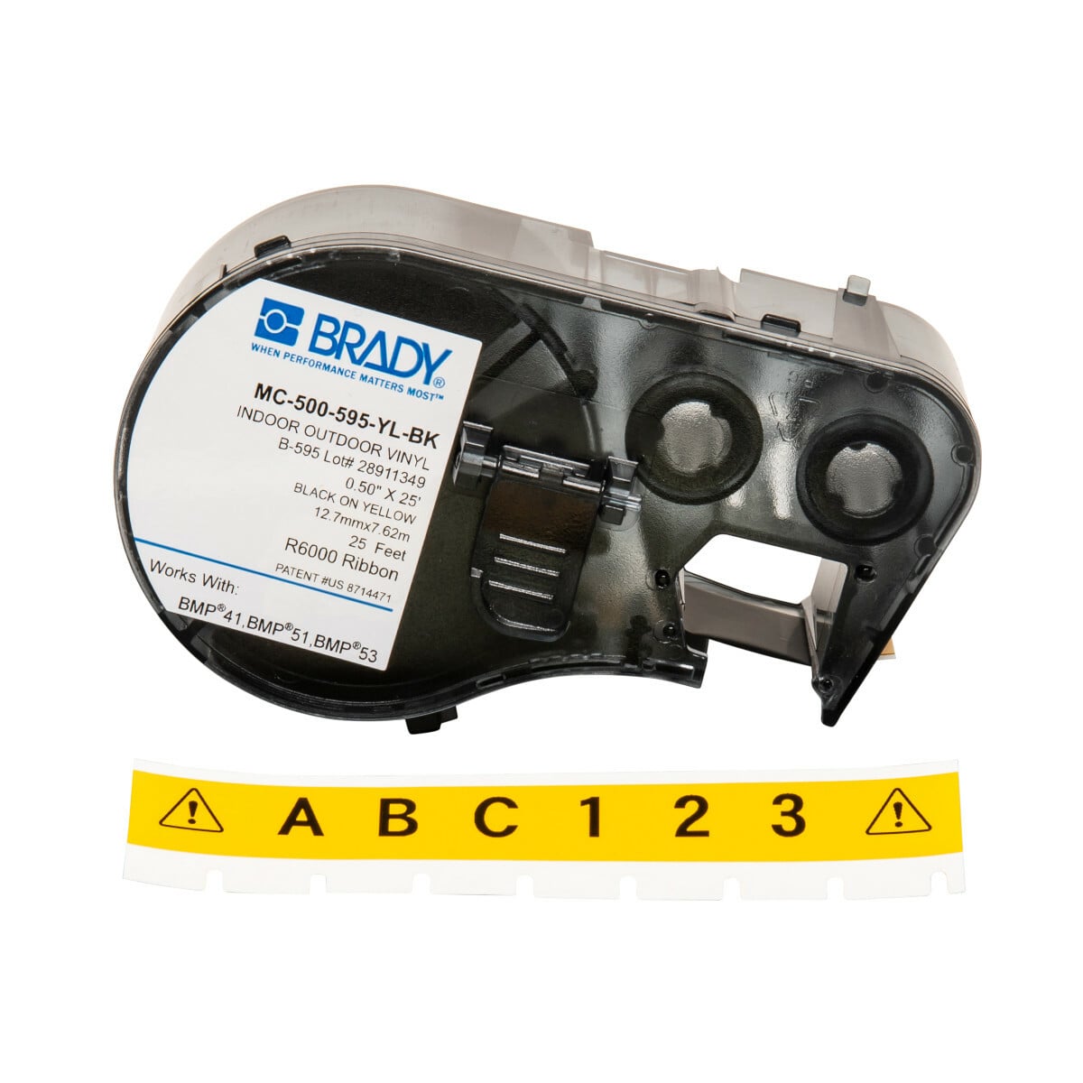 MC-500-595-YL-BK M Series Label Maker Cartridge, 25 ft L x 1/2 in W, For Use With BMP 41 Label Printers, BMP 51 and BMP 53 Label Maker, B-595 Vinyl, Black on Yellow
