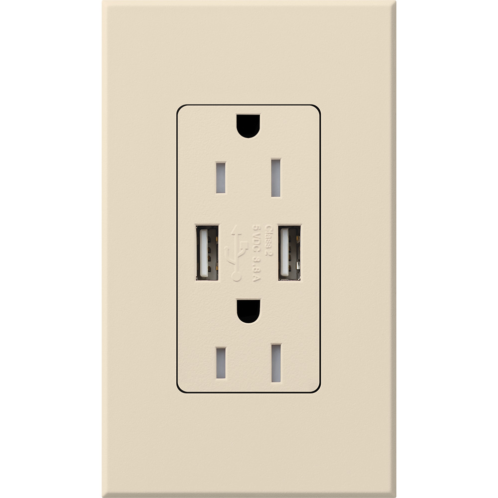 NTR-15-UBTR-LA Architectural Tamper-Resistant USB-A Duplex Receptacle with Wall Plate, 15 Amp, Self-Testing, Matte, Light Almond
