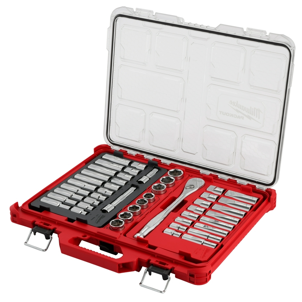 48-22-9487 Four Flat Side Ratchet and Socket Set, Steel, Chrome