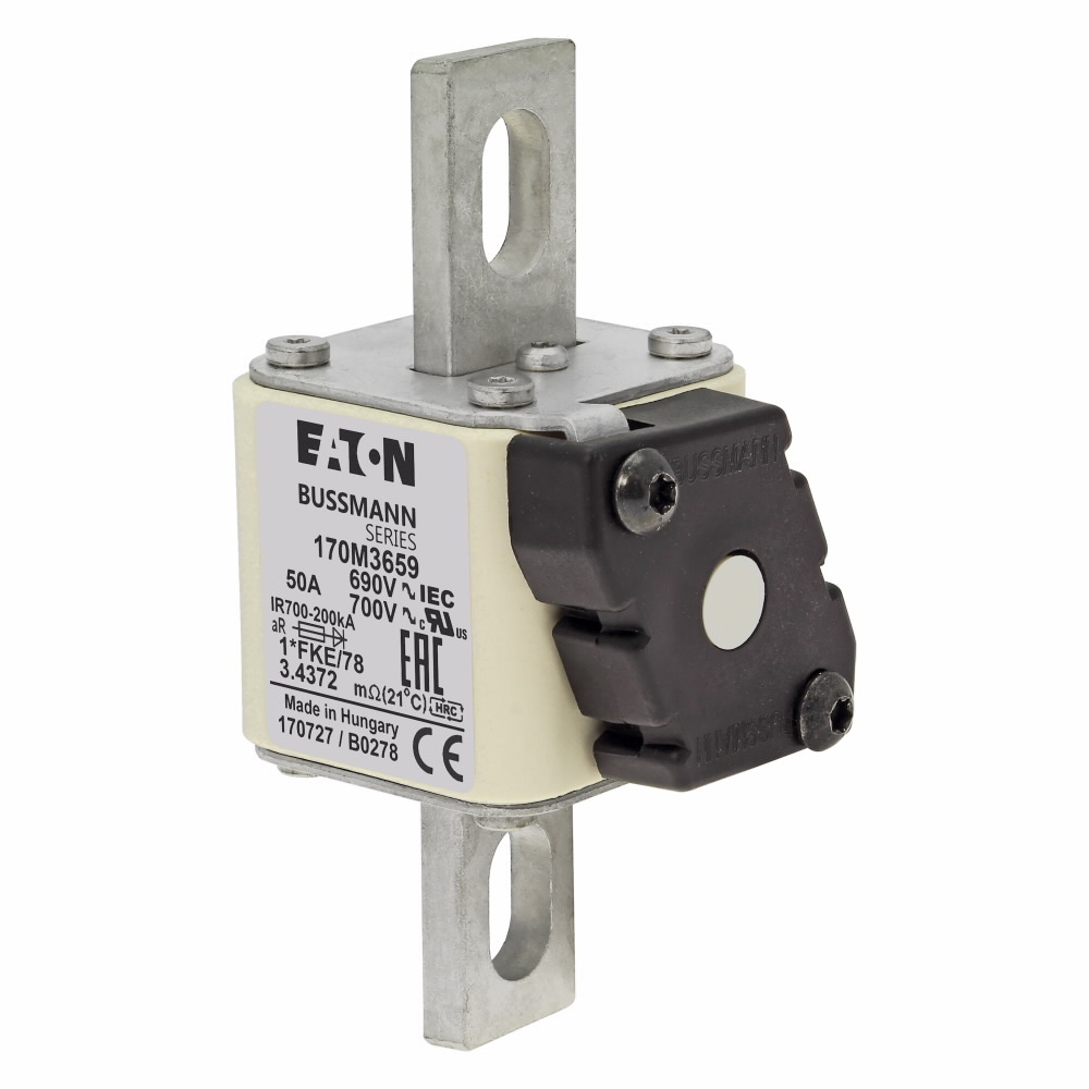170M3659 Semi-Conductor High Speed Fuse, 50 A, 690/700 V, 200 kA Interrupt, Class: AR, Square Body
