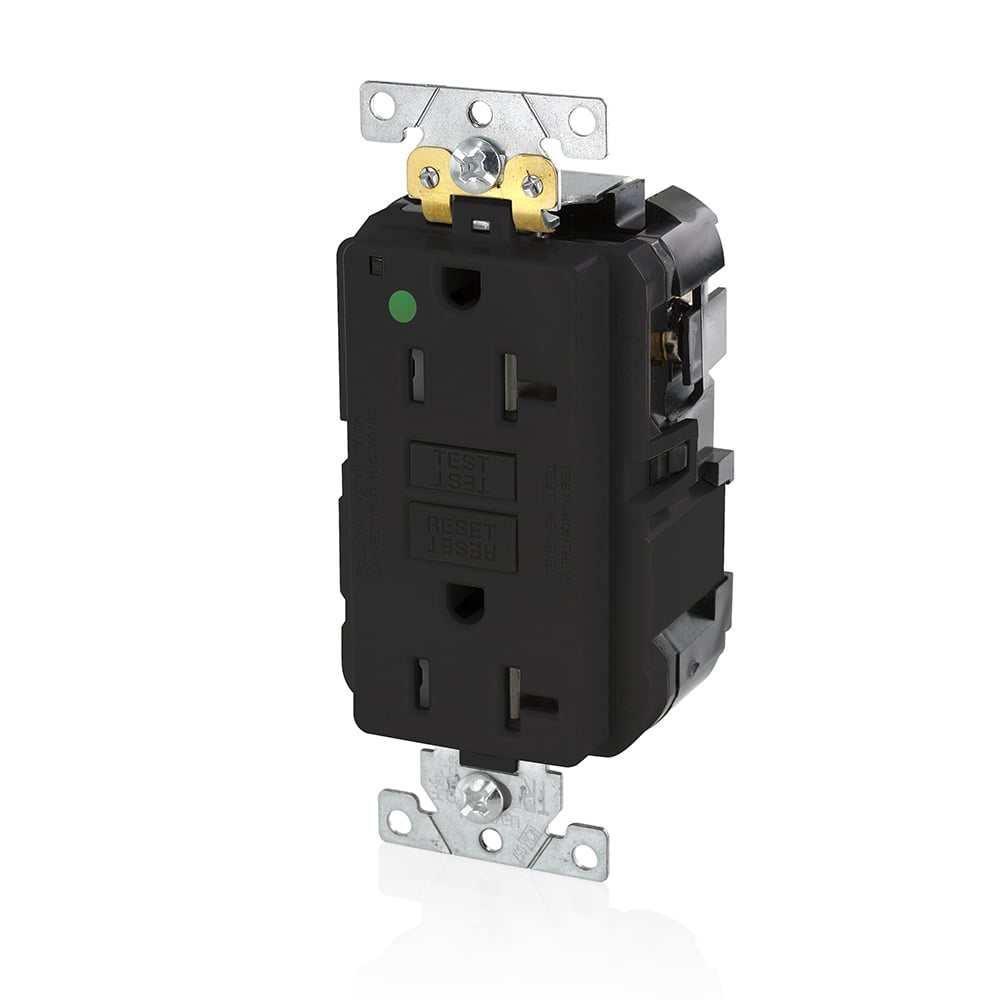MGFT2-HGE SmartlockPro Slim Feed-Through Self-Test Tamper-Resistant GFCI Receptacle, 125 V AC, 20 A, 2 Poles, 3 Wires, Black