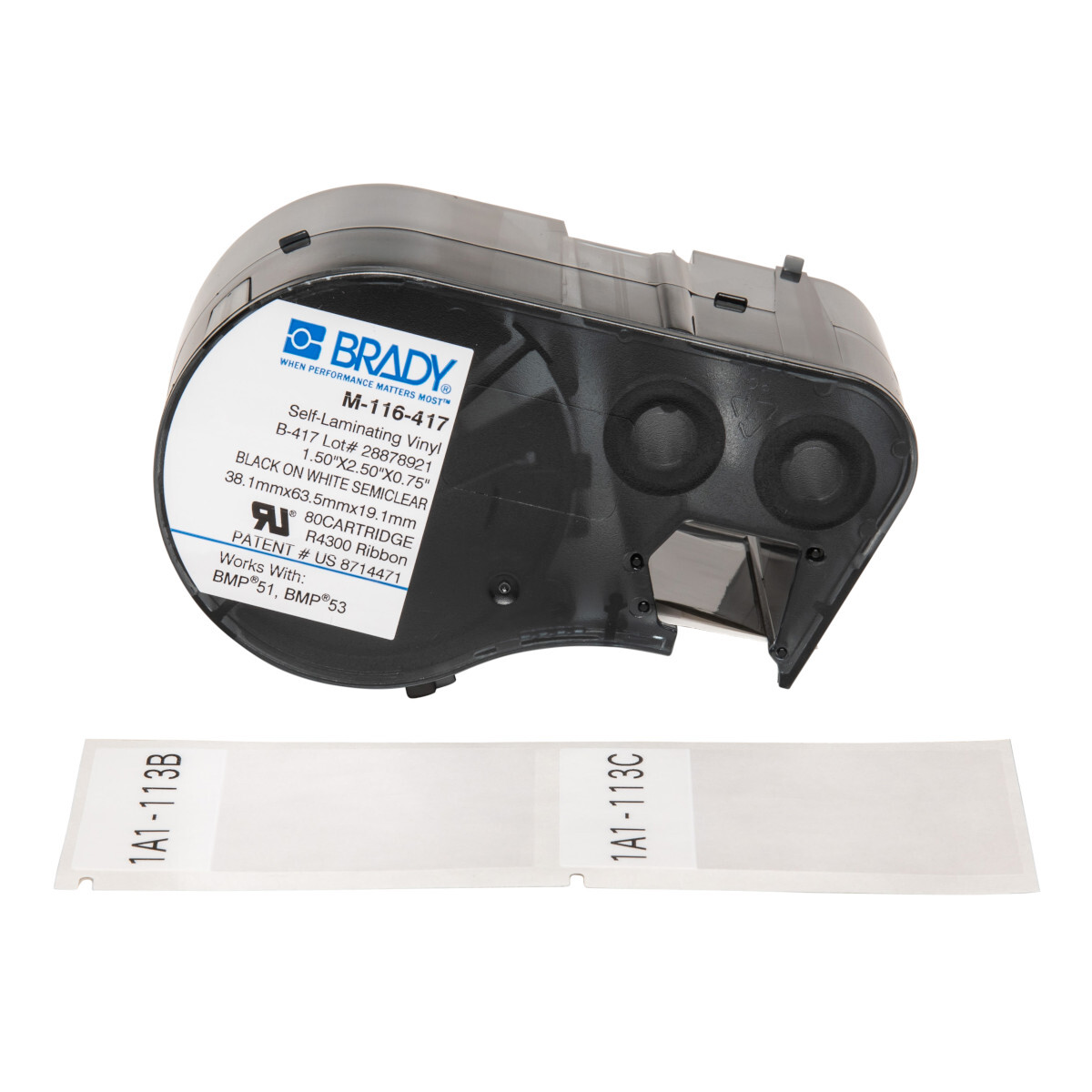 M-116-417 M Self-Laminating Vinyl Wire Wraps, 2.5 in L x 1.5 in W, Black on White/Clear, Self-laminating Vinyl