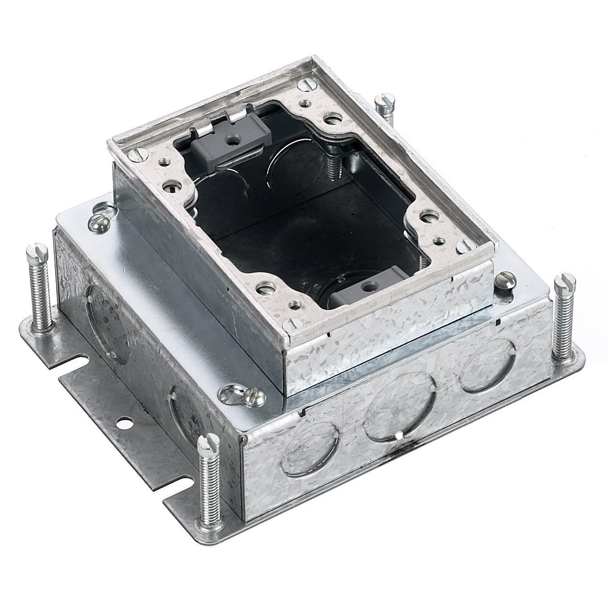 BA2421 B24 Fully Adjustable Shallow Standard Sized Floor Box, Stamped Steel, 39.5 cu-in Capacity, 1 Gangs, (9) Knockouts, 4.81 in L x 6 in W x 2.74 in H