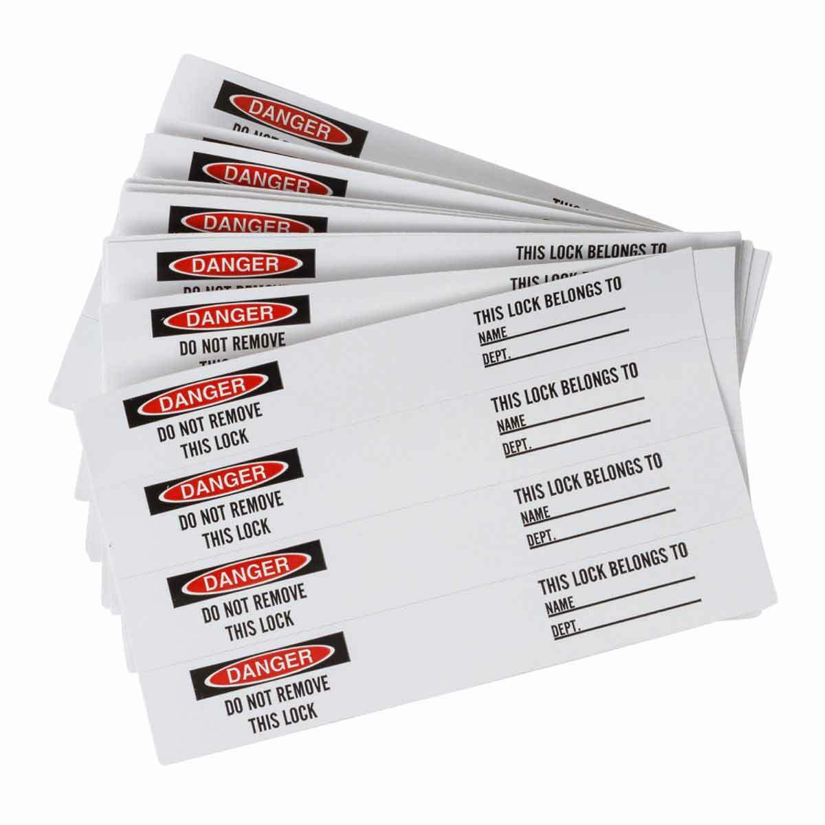 121448 Self-Adhesive Lockout/Tagout Label, 5 in W, SIDE 1:DANGER DO NOT REMOVE THIS LOCK / SIDE 2:THIS LOCK BELONGS TO NAME DEPT. Legend, Black/Red on White, B-7569 Adhesive Vinyl Film, 10 per Card Labels