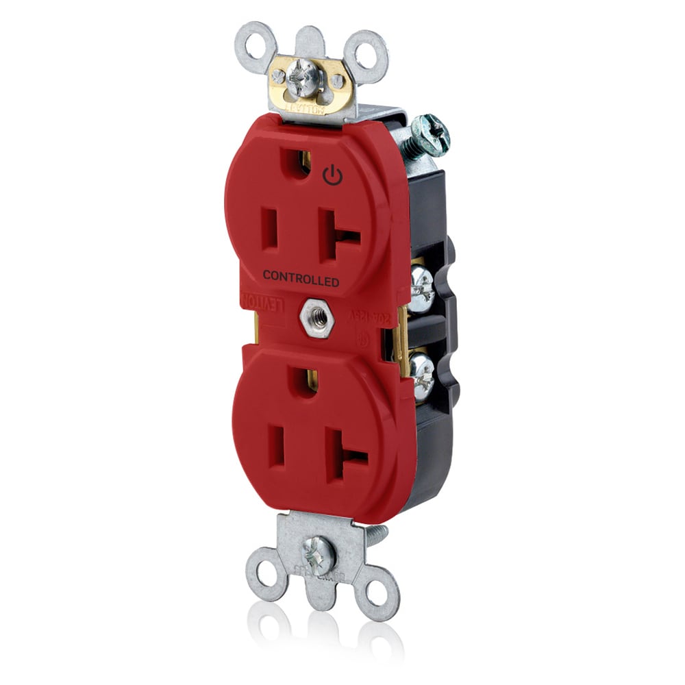 5362-S1R Duplex Heavy Duty Straight Blade Receptacle With 1 Plug Controlled Markings, 125 V AC, 20 A, 2 Poles, 3 Wires, Red