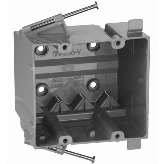 SN-236-V Carlon New Work Outlet Box With Offset Wallboard Tab Molded V-Clamp, PVC, 36 cu-in Capacity, 2 Gangs