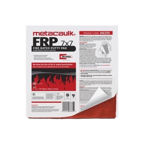 66335 Metacaulk Fire Rated Putty Pad, Composition: Triazine Triamine Phosphate, Calcium Borate, Polyphosphoric Acid, Isodecyldiphenyl Ester, Up to 3 hr Fire Rating, Red, 0 to 120 deg F, <10 g/L VOC