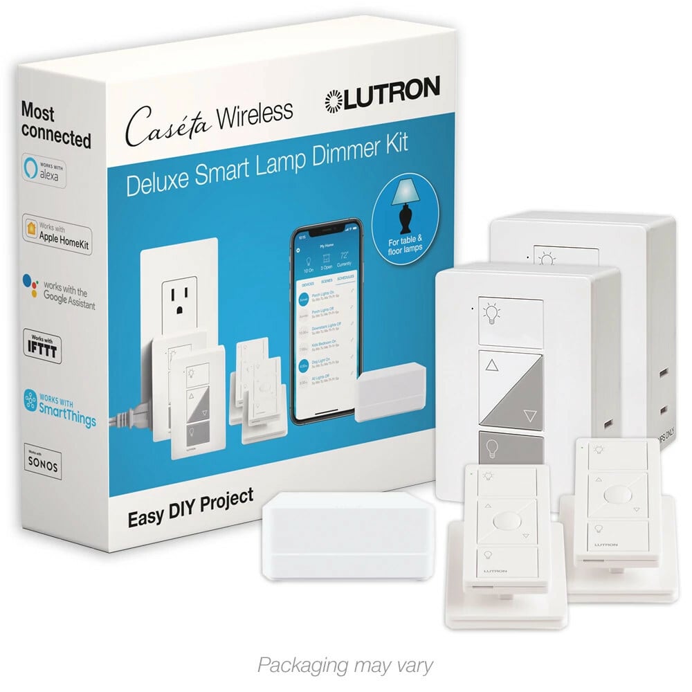 P-BDG-PKG2P Caseta 2-Pack Smart Lamp Dimmer Kit with Smart Hub, 2 Plug-In Lamp Dimmers, 2 Pico Remotes, and 2 Pedestals, White