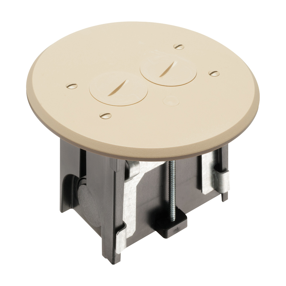 FLBAR101LA Adjustable Floor Box With (2) Threaded Plugs, Plastic, 18.3 cu-in Capacity, 1 Gangs, 5.8 in L x 5.8 in W x 4.031 in H
