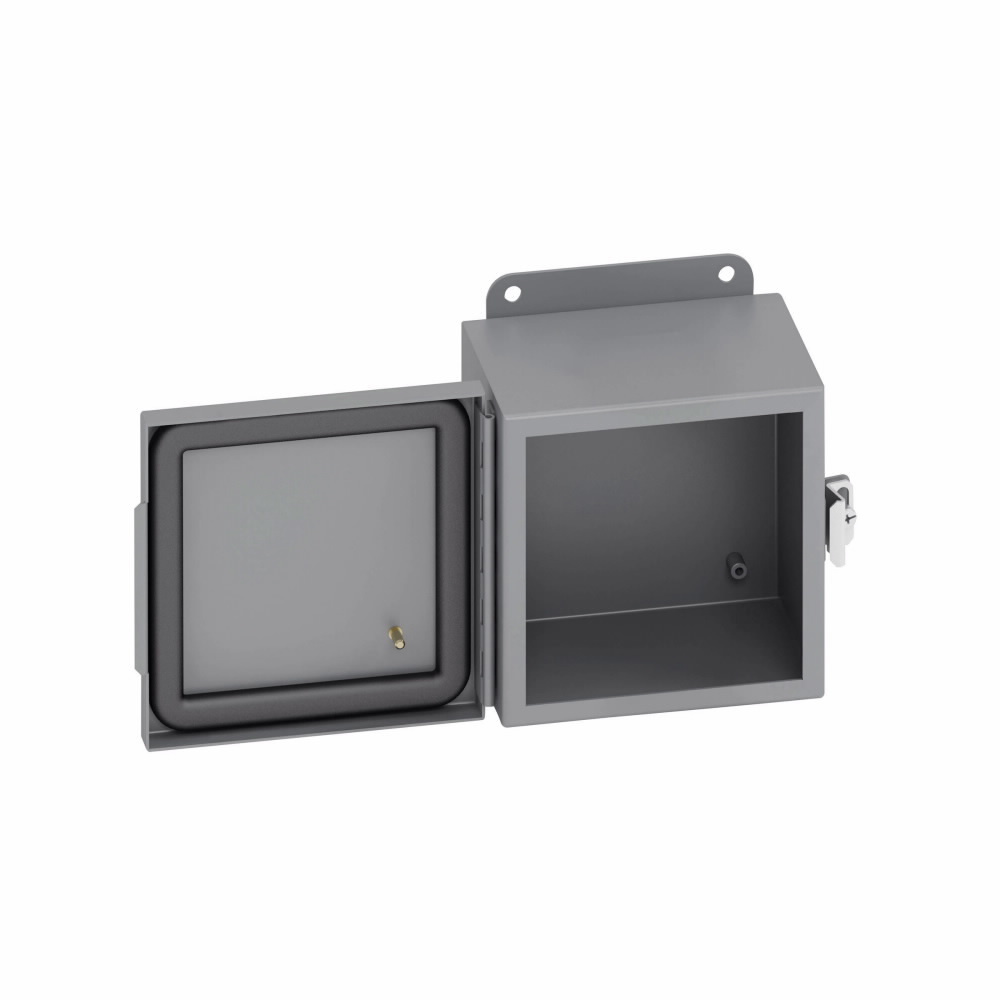 Eaton B-Line series JIC panel enclosure, 12" height, 5" length, 10" width, NEMA 4, Hinged cover, 4CHC enclosure, Wall mount, Small single door, External mounting feet, Carbon steel, Seamless poured in-place gasket