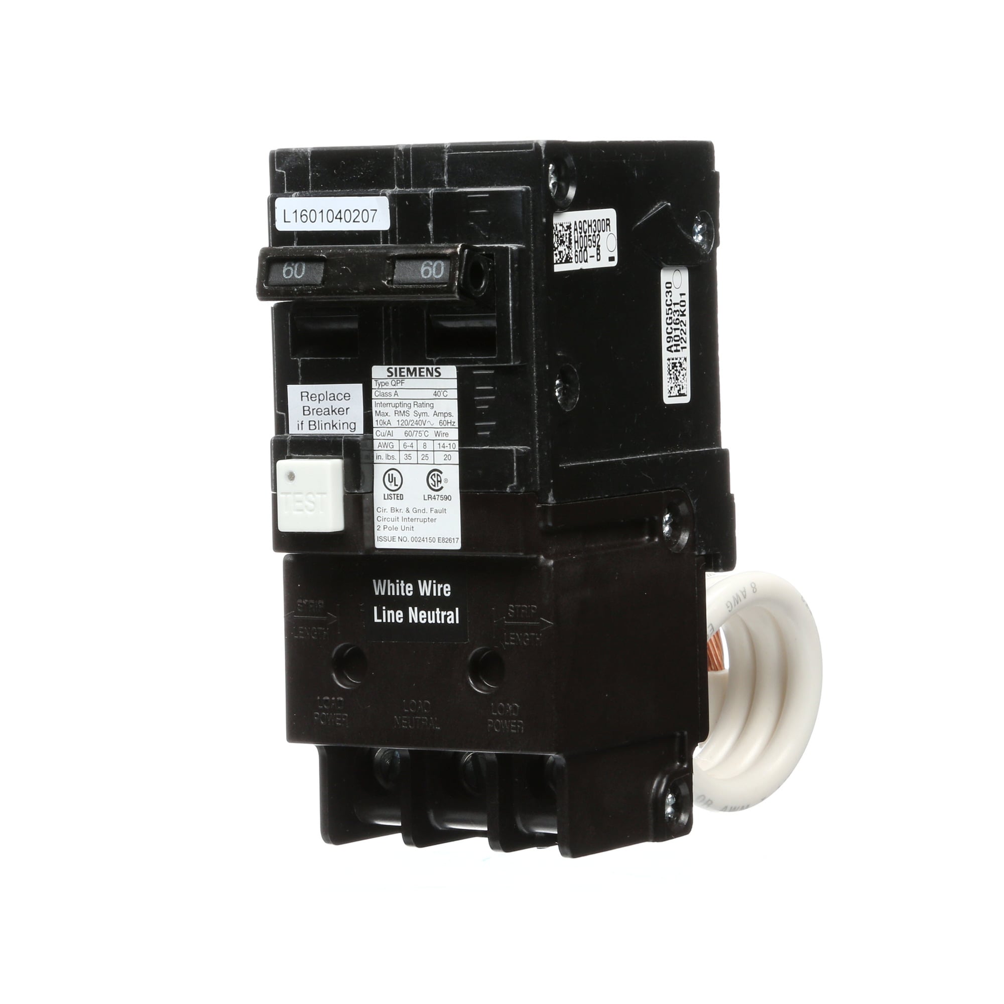 QF260A Type GFCI Ground Fault Circuit Breaker, 120/240 V AC, 60 A, 10 kA Interrupt, 2 Poles, Thermal Magnetic Trip