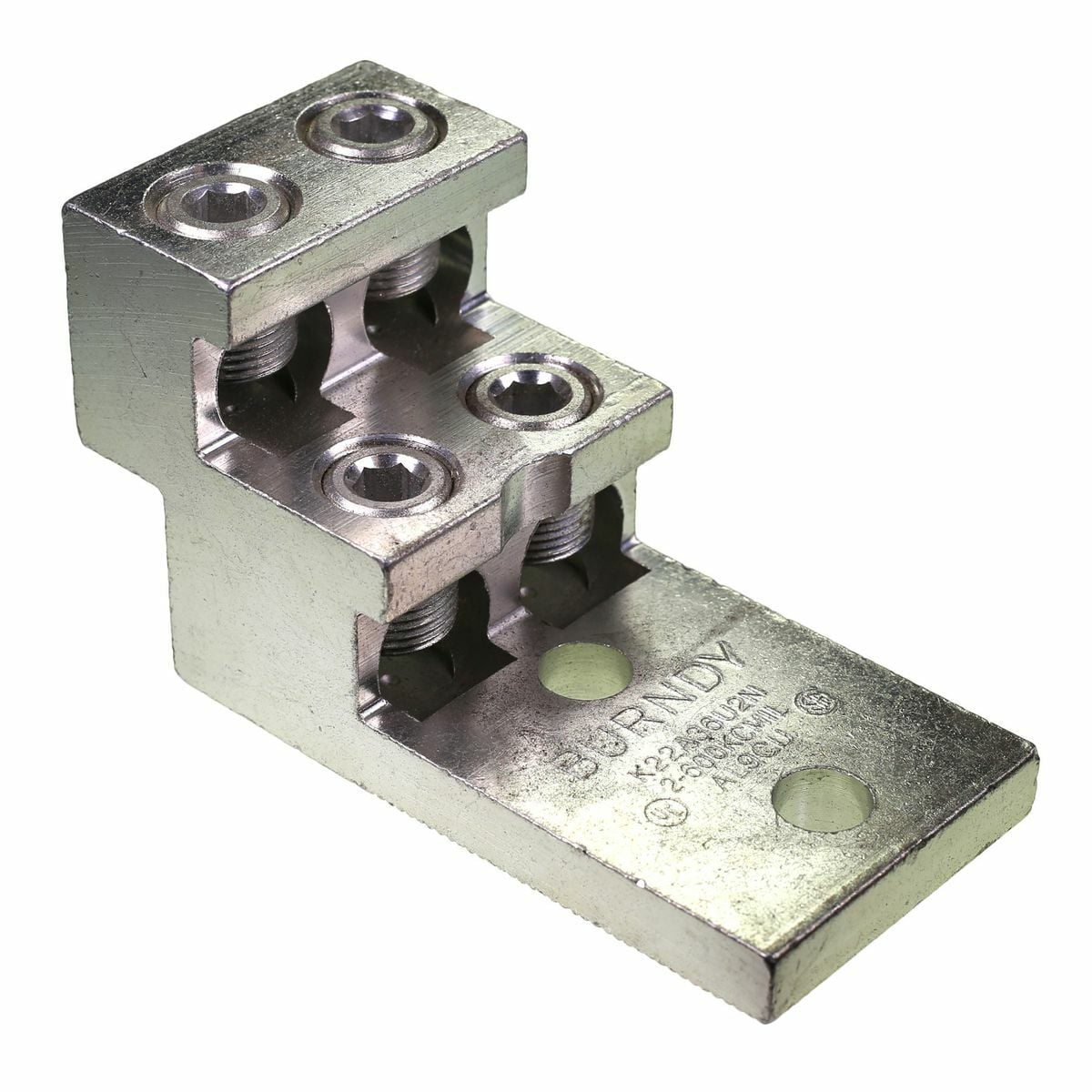 K22A36U2N 4-Conductor Bolted Lug Terminal, 2 AWG to 600 kcmil Stranded Aluminum/Copper Conductor, 1/2 in Stud, 2 Bolt Holes, Aluminum