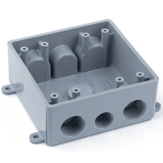 E382DE Carlon Weatherproof T-Box, PVC, 2 Gangs, 7 Outlets, 4.62 in L x 4.62 in W x 2 in D