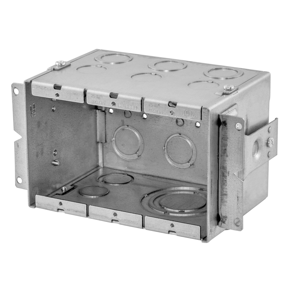 HBL986 Large Capacity Stamped Standard Gangable AV Wallbox, Steel, 79 cu-in Capacity, 3 Gangs, 22 Knockouts