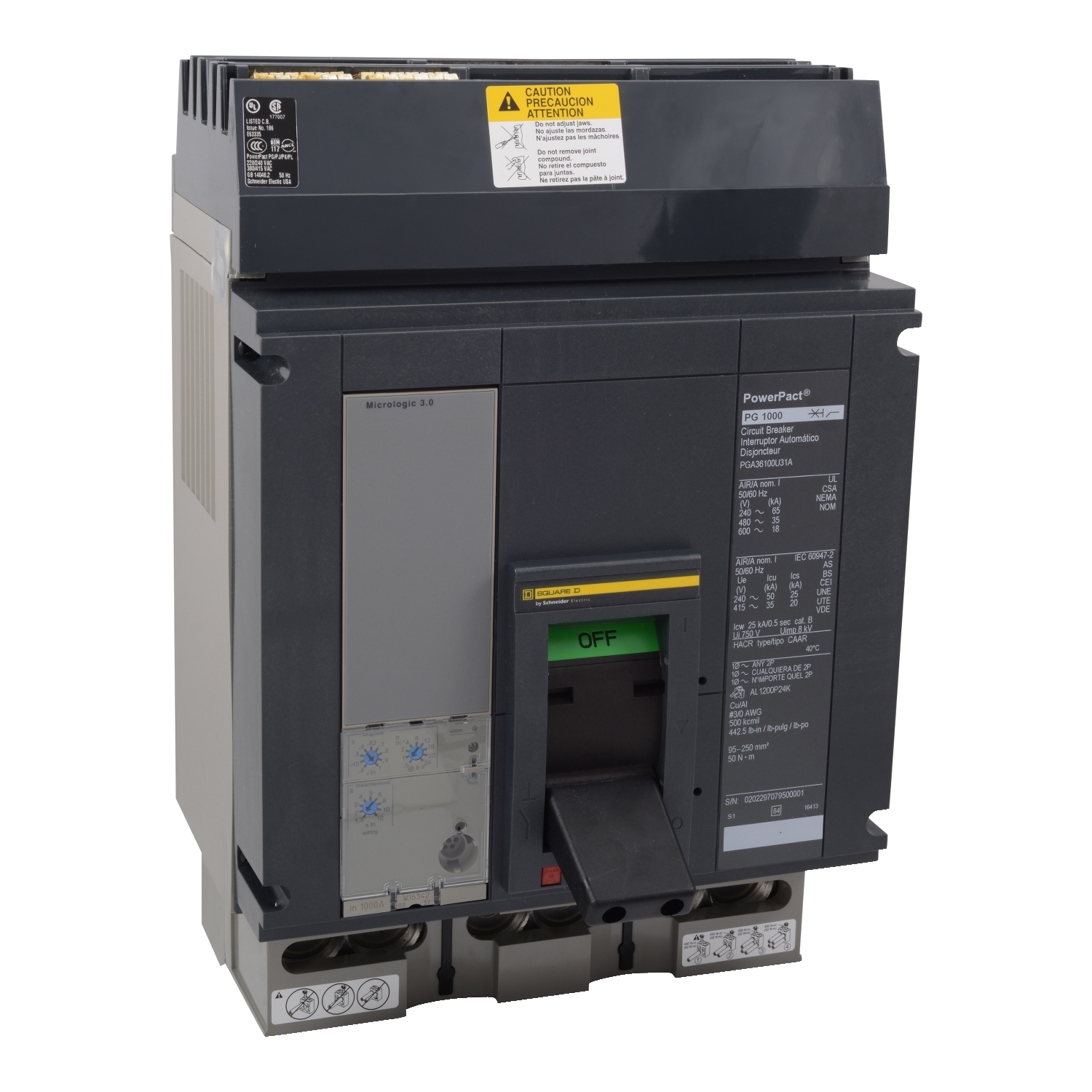 PJA36120U63AE1 I-Line PowerPact Type PJA Modbus BCM Molded Case Circuit Breaker, 600 V AC, 1200 A, 65/25/100 kA Interrupt, 3 Poles, Electronic Trip