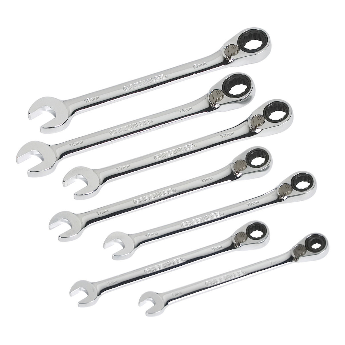 0354-02 Combination Ratcheting Wrench Set, 7 Pieces, 7 to 15 mm, Polished Chrome