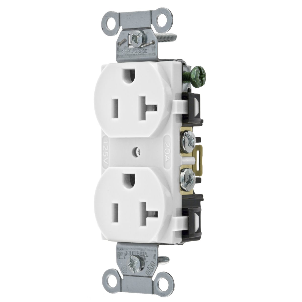 BR20WHI 1-Phase Duplex Self-Grounding Screw Mount Straight Blade Receptacle, 125 V AC, 20 A, 2 Poles, 3 Wires, White