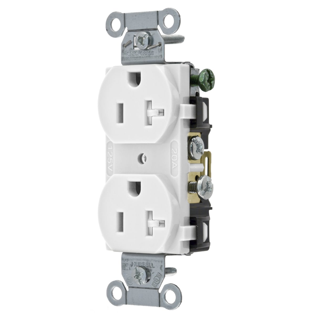 CR20WHITR 1-Phase Duplex Self-Grounding Standard Tamper Resistant Traditional Screw Mount Straight Blade Receptacle, 125 V AC, 20 A, 2 Poles, 3 Wires, White