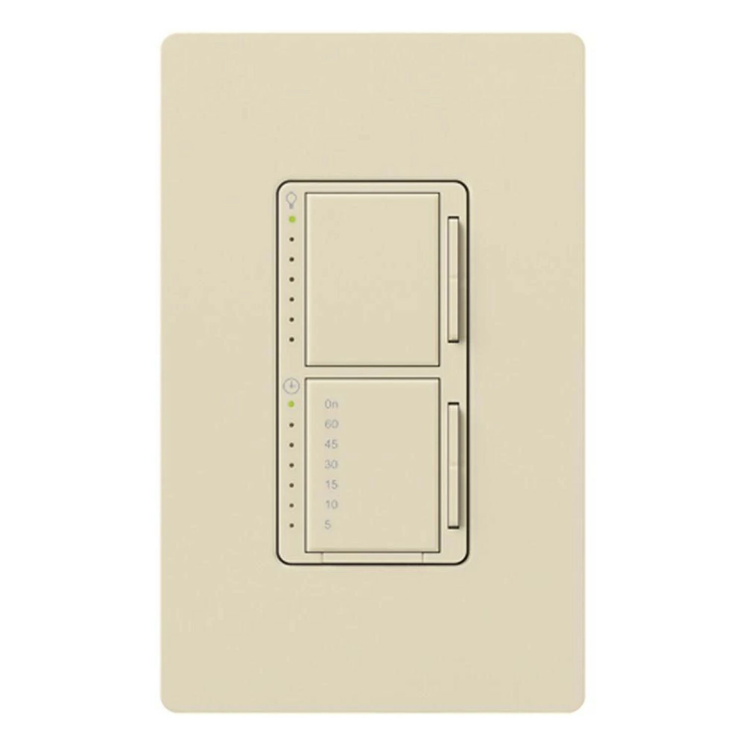 MA-L3T251-LA Maestro Dual Dimmer/Timer Switch, No Neutral Required, 300W Dimmer, 2.5 Amp/300W Timer, 120V, 1 Pole, Light Almond