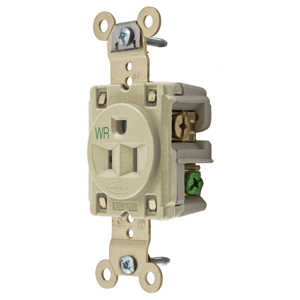 HBL5261IWR 1-Phase Extra Heavy Duty Grounding Single Standard Weather-Resistant Screw Mount Straight Blade Receptacle, 125 V AC, 15 A, 2 Poles, 3 Wires, Ivory
